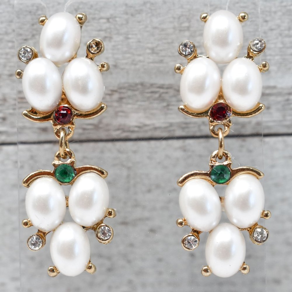 1.75" Drop Dangle Pearl Red/Green Earrings